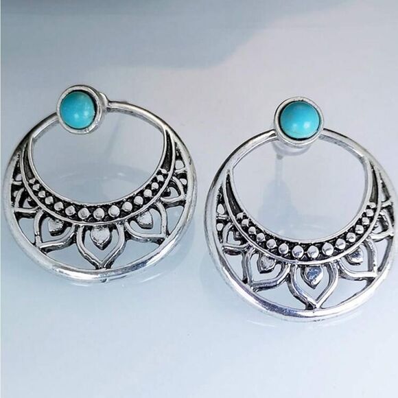 Elegant Faux Turquoise Lotus Stud Earrings - Picture 2 of 11